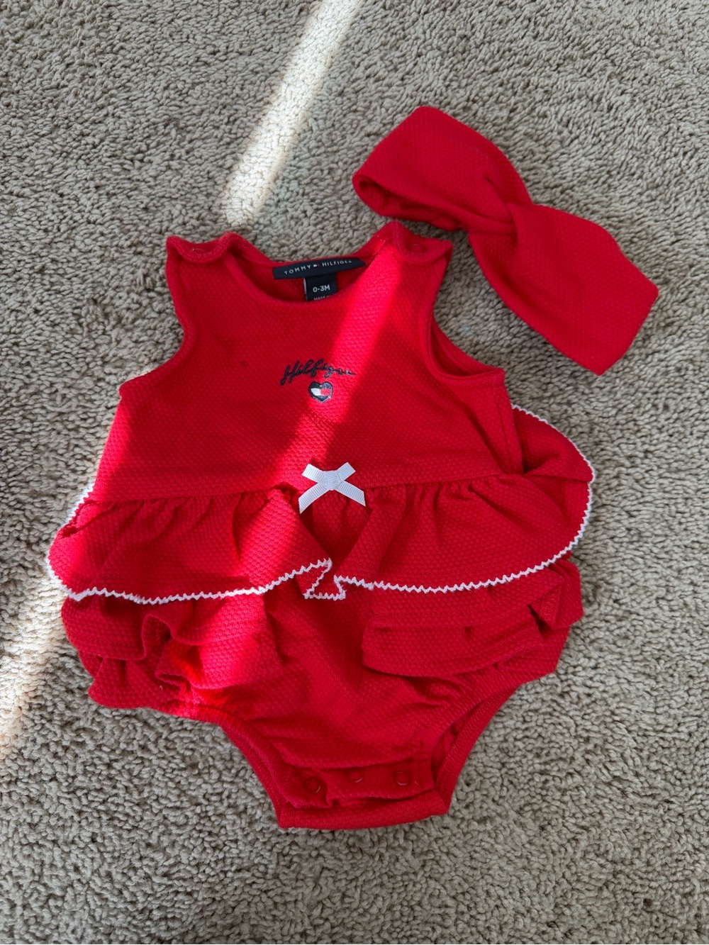 Tommy Hilfiger Red Ruffle Baby Romper with Bow Headband